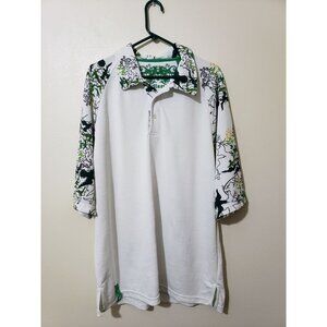 Blues white with bird and cross print collar and sleeves, size 2XL
